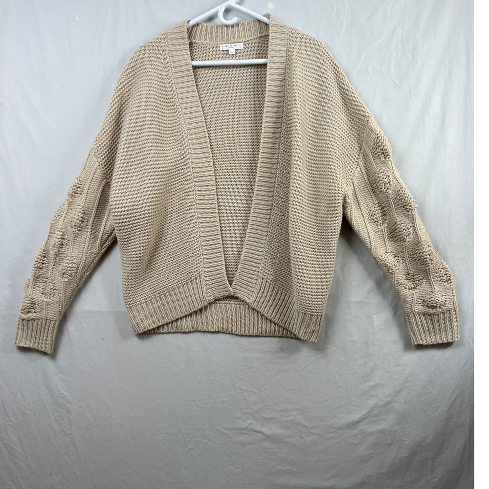 Blu Pepper Cardigan Sweater Women Large Beige Popcorn Sleeve Relaxed Chunky